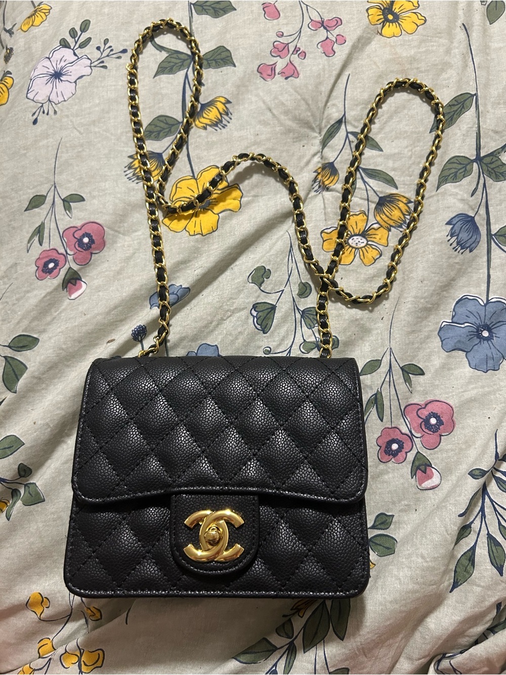 Black Quilted Leather Crossbody with Gold Chain Strap